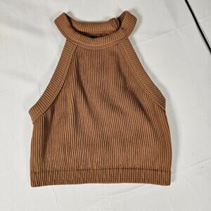 Aerie Ribbed Halter Crop Top XS Brown High Neck Bralette Athleisure